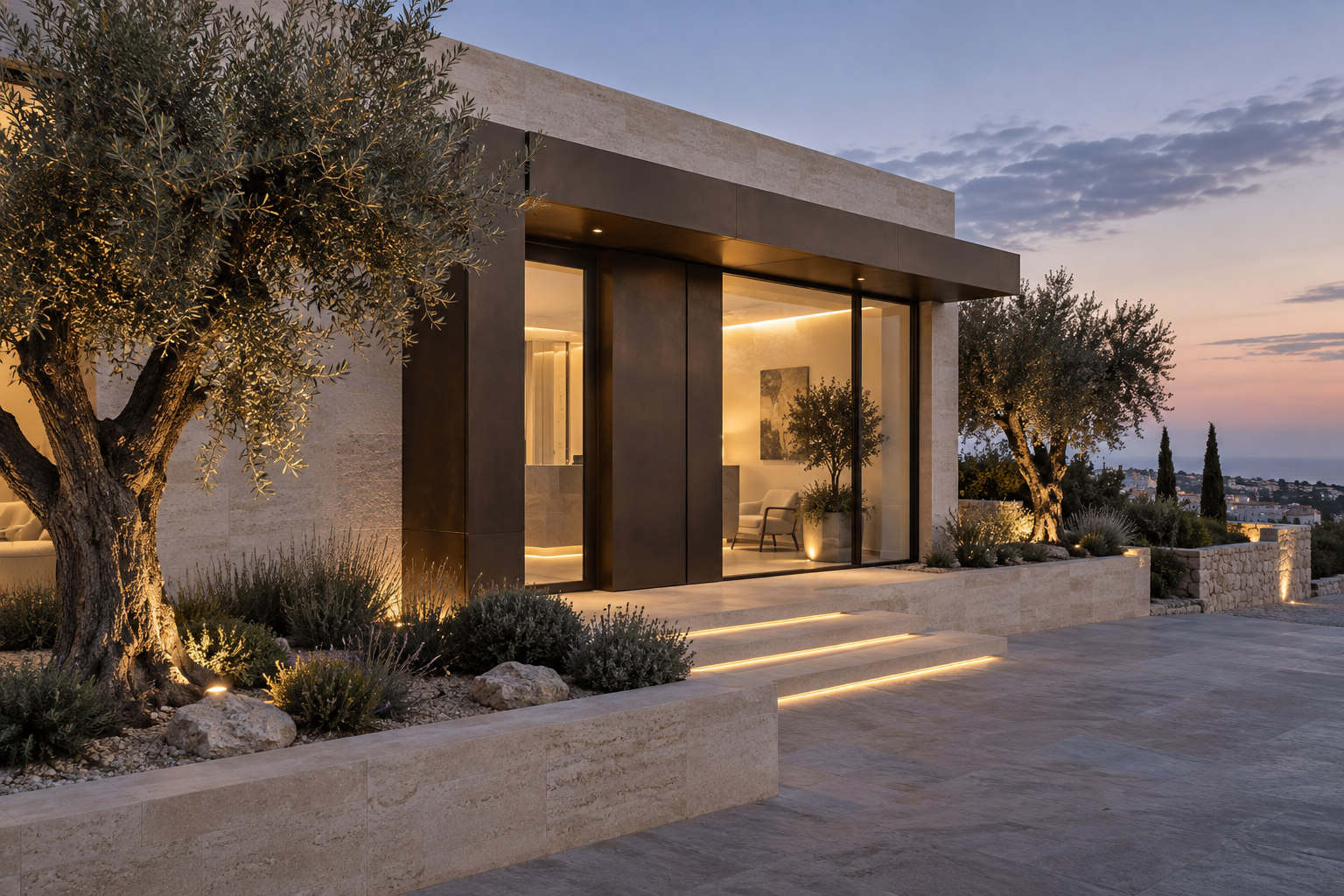 Concept exterior of a contemporary dental studio at dusk