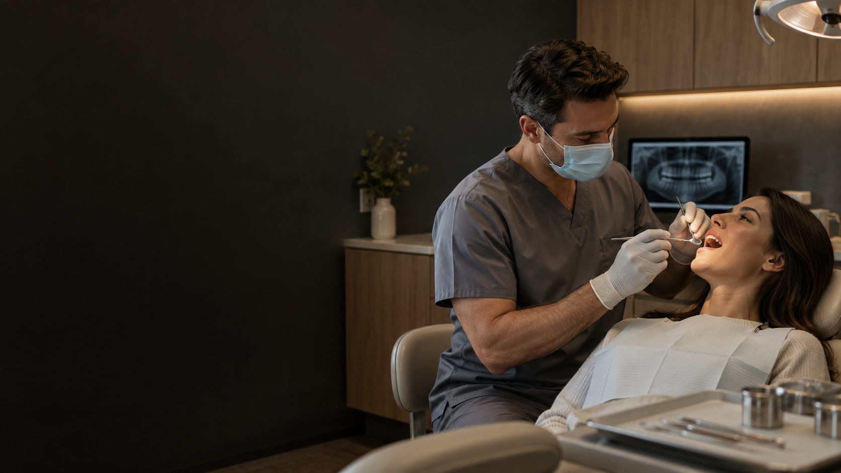 Dentist caring for a patient in a contemporary dental studio